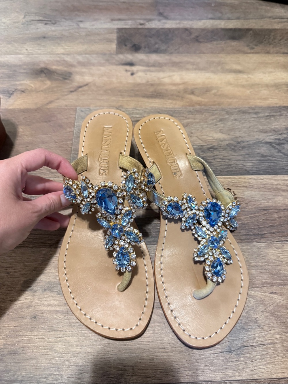 Mystique Boutique Gold Jeweled Blue Thong Wedge Sandals